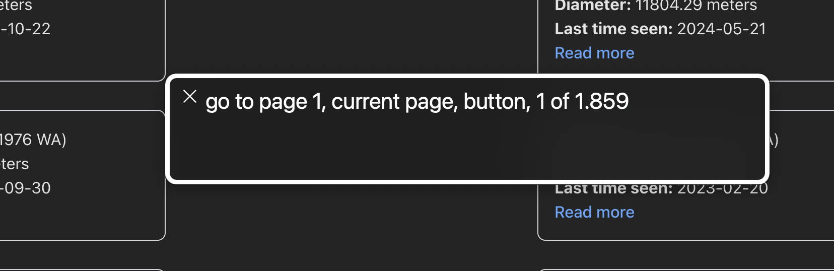 screenshot del voiceover che annuncia: vai alla pagina 1. Pagina corrente, pulsante, posizione 1 di 1859