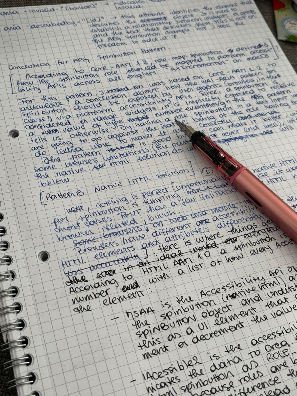 Image of a notebook full of notes about this post and a pink fountain pen. For the sake of my humanity, this post was created first using my bare hands, as I said at the beginning, and then typed in the computer